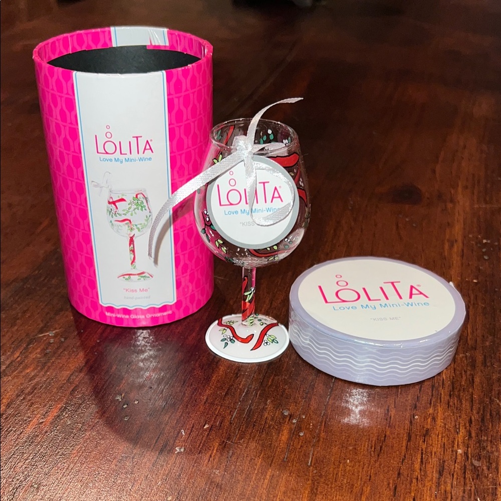 Lolita Mini Wine Glass Ornament w/Box and hanger  Red and Green Accents